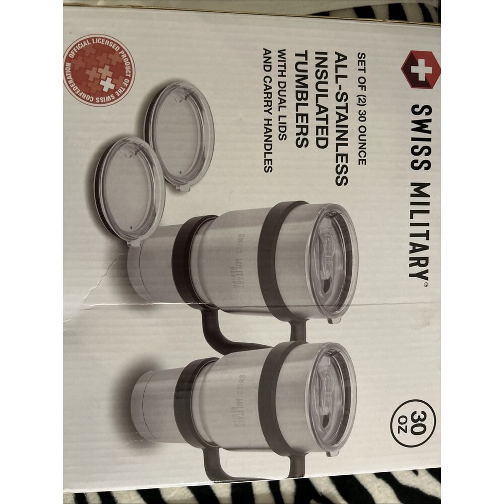 Swiss Military 30oz Set Of 2 All Stainless Insulated Tumblers W/ Dual Lids New